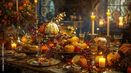 An elegant thanksgiving dining area featuring a bountiful feast and warm candlelight ambiance