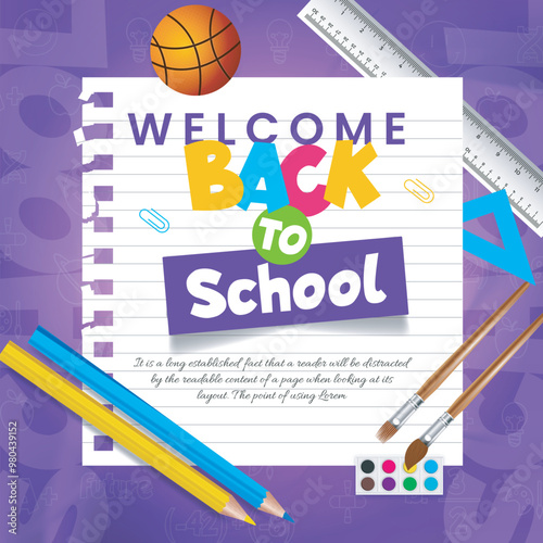 Back to school vector banner template. Welcome back to school greeting text in colorful typography with alarm clock, colorful pencil and other learning items on hand drawn doodles background. Vector i