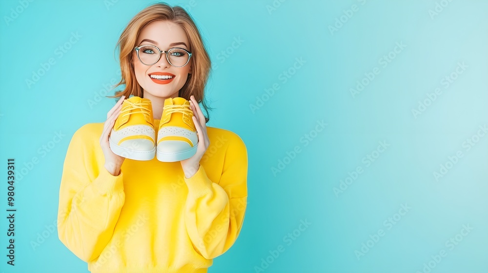 Happy Woman Holding Yellow Sneakers on Blue Background Happy Woman Holding Yellow Sneakers on Blue Background