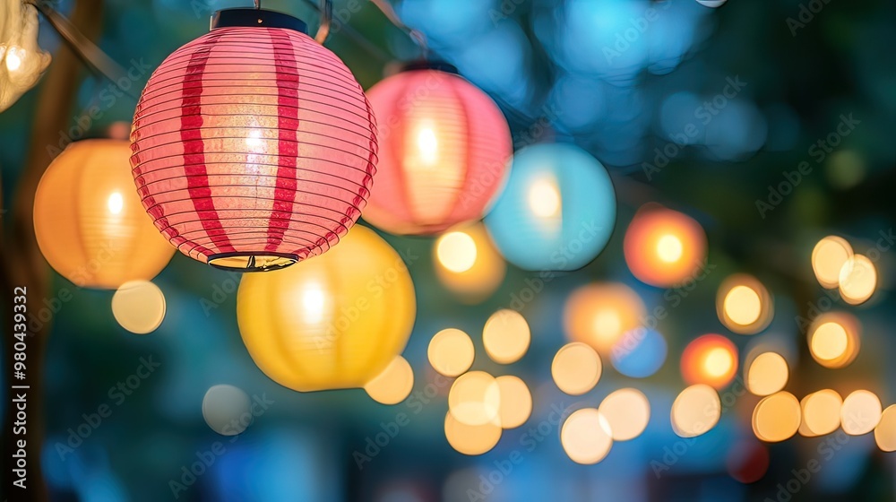 String of Colorful Lanterns Illuminating a Festive Night String of Colorful Lanterns Illuminating a Festive Night