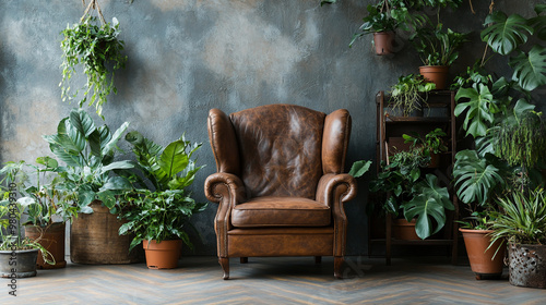 Luxury living room with armchairs and table. Accent empty wall with decorative plaster stucco, Chairs in room prepared for group psychotherapy session.