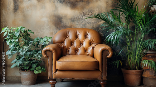 Luxury living room with armchairs and table. Accent empty wall with decorative plaster stucco, Chairs in room prepared for group psychotherapy session.