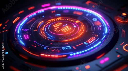 Wallpaper Mural Modern smart home interface in circular shape, futuristic icons for lighting, temperature, and security, vibrant color scheme with dynamic lighting effects Torontodigital.ca