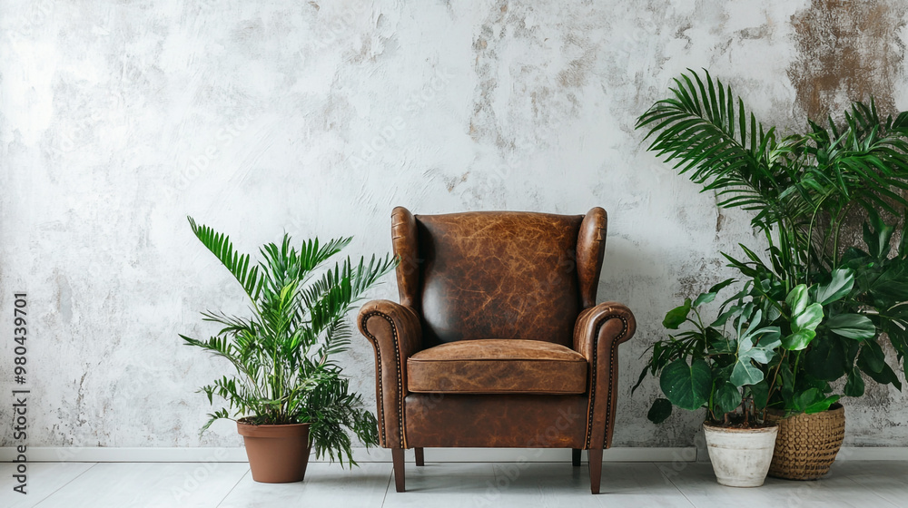 a brown leather recliner chair in a room with dark walls, A blue chair in the living room with potted and green plants in a vase. a brown leather recliner chair in a room with dark walls, A blue chair in the living room with potted and green plants in a vase.
