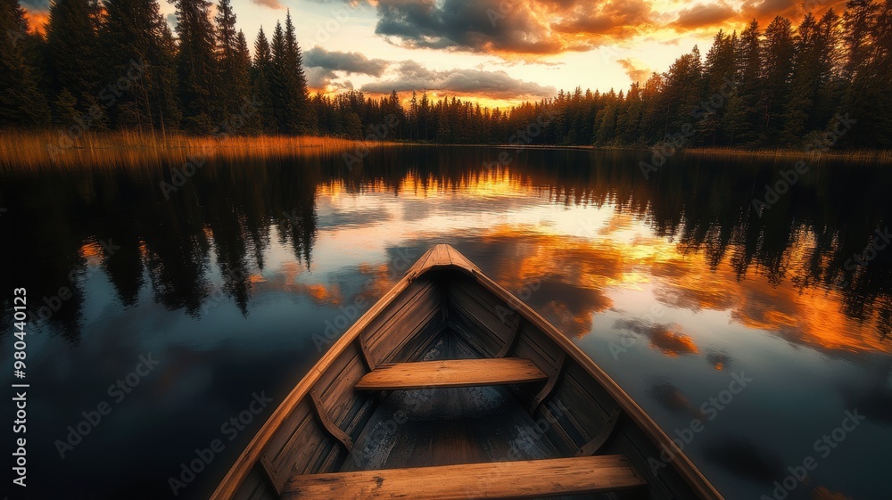 A serene sunset reflected on still water, viewed from a wooden boat, surrounded by trees, creating a tranquil and picturesque natural scene. A serene sunset reflected on still water, viewed from a wooden boat, surrounded by trees, creating a tranquil and picturesque natural scene.