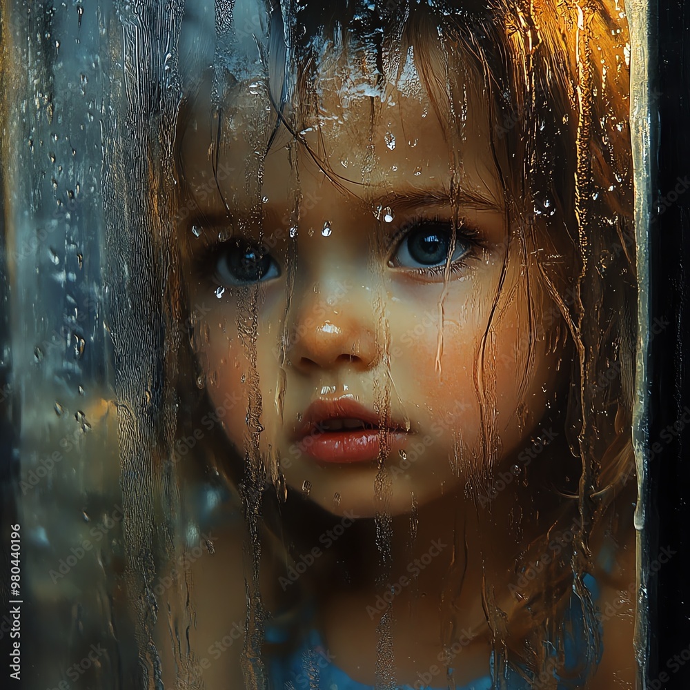 Portrait of a young child looking through a rain-soaked window, raindrops trickling down, emotional realism Portrait of a young child looking through a rain-soaked window, raindrops trickling down, emotional realism