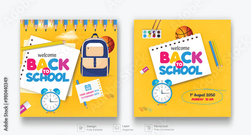 Back to school social media post template set. checkered paper learning elements icons for educational background. vector illustration back to school banner