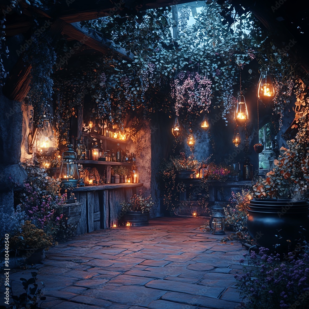 A serene and enchanting space filled with soft lantern light, flowers, and rustic charm, perfect for a dreamy atmosphere. A serene and enchanting space filled with soft lantern light, flowers, and rustic charm, perfect for a dreamy atmosphere.