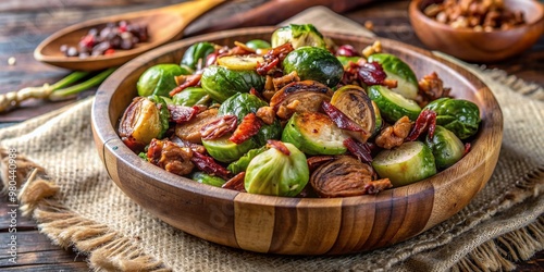 Roasted Brussels sprouts tossed with crispy bacon bits, caramelized onions, and toasted pecans, served in a rustic wooden bowl on a linen tablecloth.