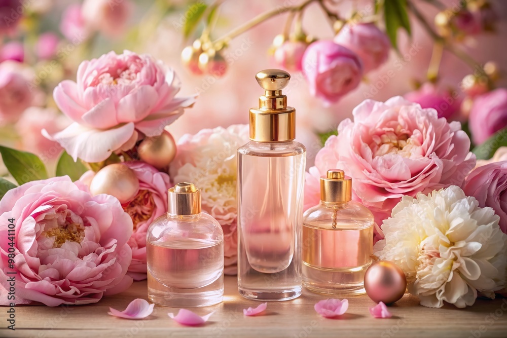 Delicate pink peonies and roses surround ornate glass cosmetic bottles with golden accents, set against a soft pastel backdrop evoking luxury and sophistication. Delicate pink peonies and roses surround ornate glass cosmetic bottles with golden accents, set against a soft pastel backdrop evoking luxury and sophistication.