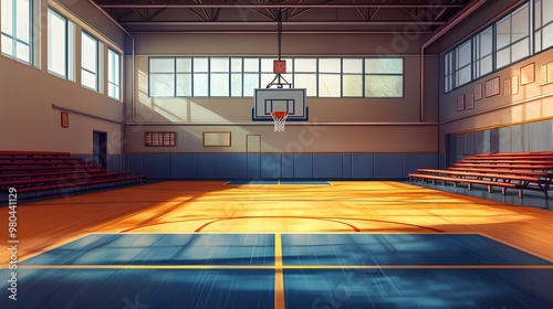 Illustration of a 2D background of a school gymnasium with basketball hoops, bleachers, and sports equipment, hyper-realistic, high quality, sharp images