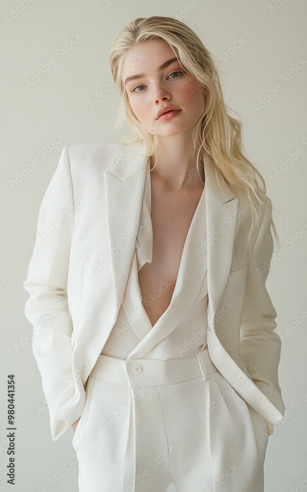a blond woman in white suit, fashion photography, minimalistic background, soft light, neutral colours, white blazer and trousers a blond woman in white suit, fashion photography, minimalistic background, soft light, neutral colours, white blazer and trousers