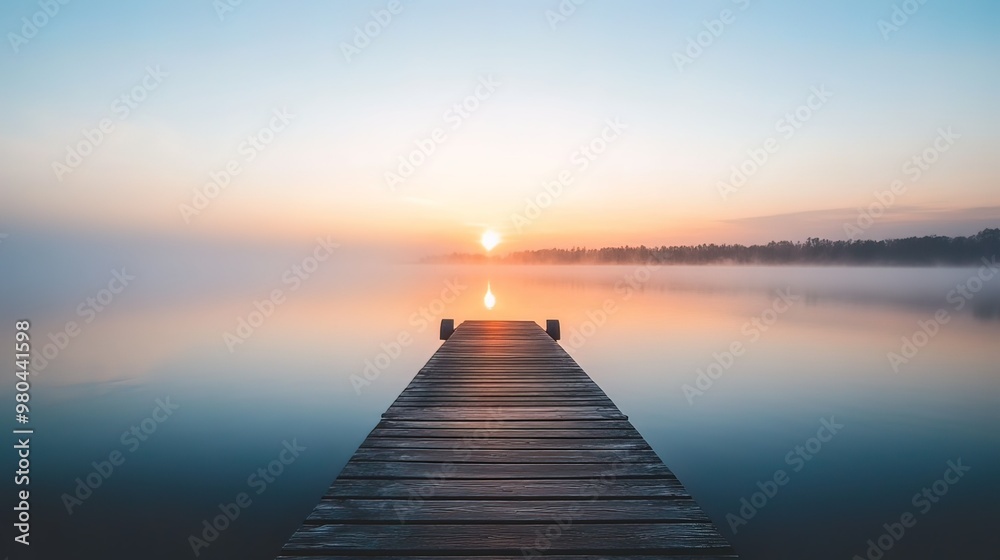 Naklejka premium Serene Sunrise Over a Misty Lake