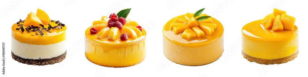 Closeup view of four exquisite mango mousse cake desserts with tropical citrus flavors creamy textures and vibrant colors Closeup view of four exquisite mango mousse cake desserts with tropical citrus flavors creamy textures and vibrant colors