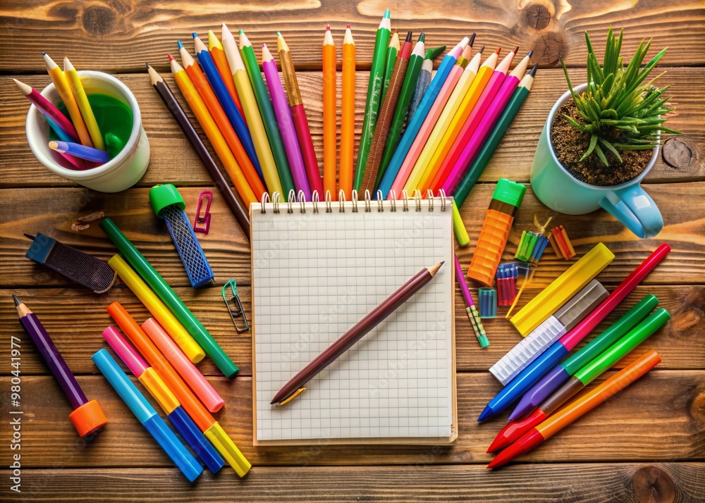 Fototapeta premium Vibrant desk setup with assorted colorful pens, pencils, and a blank notebook, surrounded by scattered papers and a few decorative objects on a wooden surface.