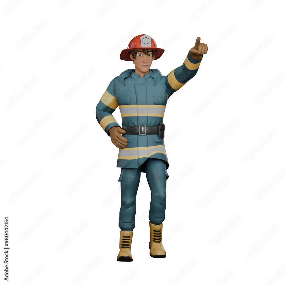 Firefighter's Daily Routine in 3D. A firefighter is standing with his left hand pointing in a certain direction as if giving directions while his right hand is on his waist. Male Cartoon Firefighter's Daily Routine in 3D. A firefighter is standing with his left hand pointing in a certain direction as if giving directions while his right hand is on his waist. Male Cartoon