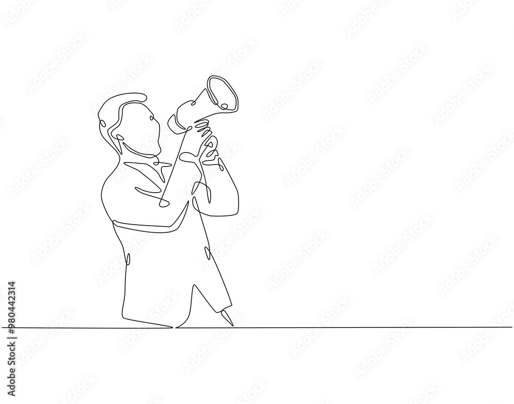 Continuous one line drawing of man holding megaphone. One line drawing illustration of international human rights day. Democracy, demonstration, awareness, protest concept line art. Editable outline. Continuous one line drawing of man holding megaphone. One line drawing illustration of international human rights day. Democracy, demonstration, awareness, protest concept line art. Editable outline.