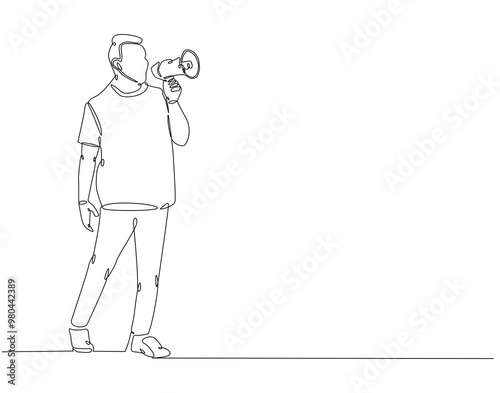 Continuous one line drawing of man holding megaphone. One line drawing illustration of international human rights day. Democracy, demonstration, awareness, protest concept line art. Editable outline.