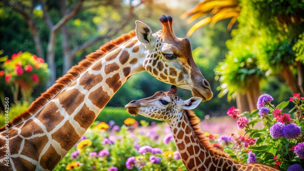 Obraz premium Adorable baby giraffe nuzzles its mother's neck amidst vibrant flowers and lush greenery in a serene and sunny garden setting, capturing tender bonding moment.