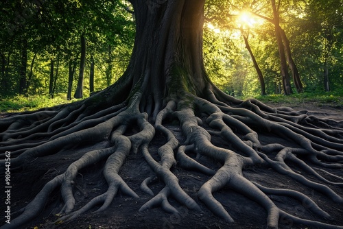 an ancient tree with numerous roots on the surface of the earth