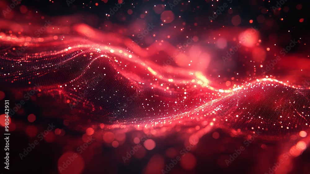 Red glowing abstract color gradient wave shape on black grainy background glowing color wave Background. Generative AI. Red glowing abstract color gradient wave shape on black grainy background glowing color wave Background. Generative AI.