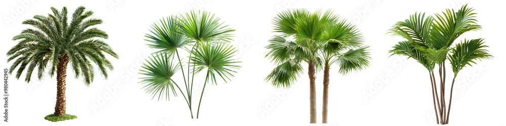 Fototapeta premium Tropical palm trees with large green fronds and leaves forming a lush verdant natural landscape background This serene and picturesque scene evokes a sense of paradise tranquility