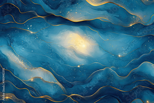 Abstract Blue and Gold Painting, Abstract Art Background with Watercolor Ink flows in the style of fluid art. Created with Ai