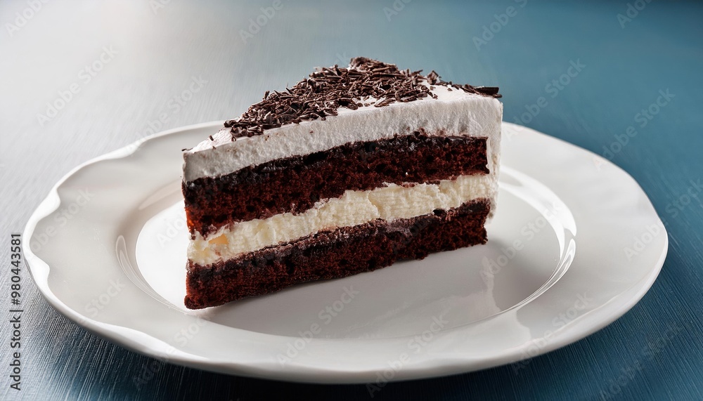 Slice of Black Forest Gateau with Cherry and Chocolate Shavings
