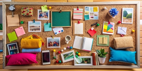 Colorful office cork board filled with eclectic mix of items including open book, plush pillow, notes, photos, and random knick-knacks in creative disarray.