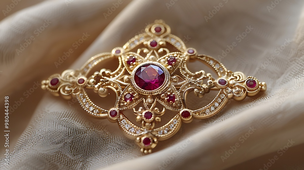Obraz premium Elegant Gold Brooch with Ruby Gemstone and Diamond Accents