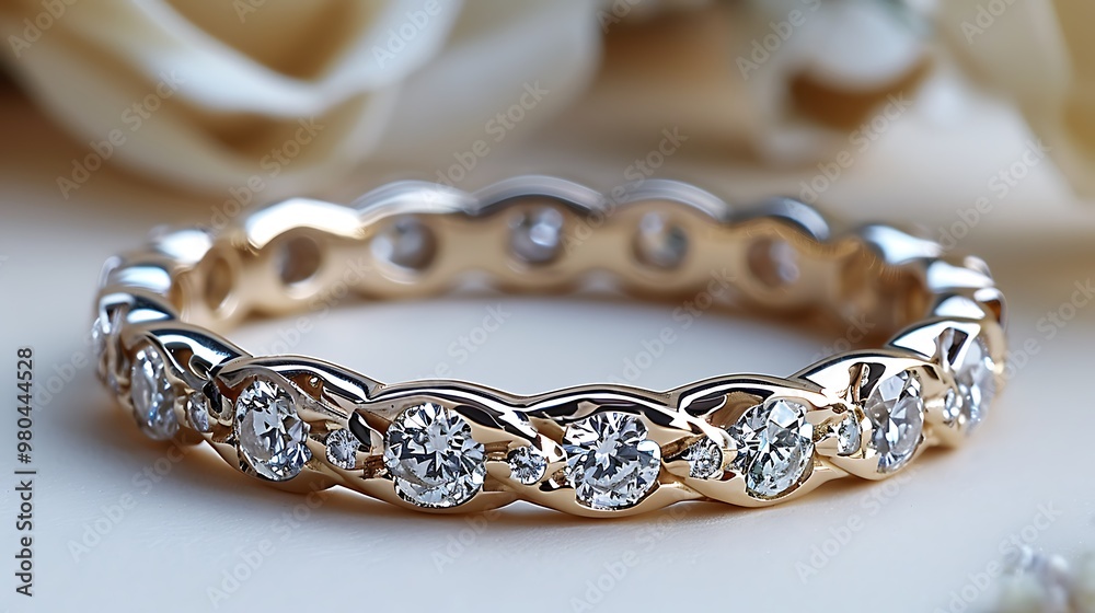 Gold Diamond Eternity Band Wedding Ring Jewelry Close Up Gold Diamond Eternity Band Wedding Ring Jewelry Close Up