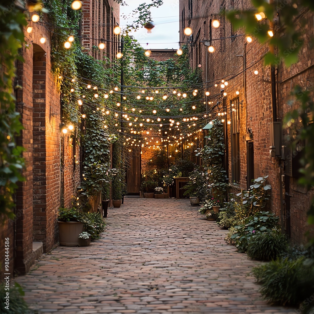 Fototapeta premium A charming alleyway illuminated by glowing string lights, surrounded by lush greenery and rustic brick walls, creating a cozy atmosphere.