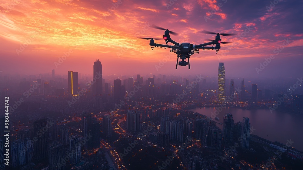 Aerial view of a drone executing circular surveillance patterns over a smart city, capturing tech hubs and futuristic architecture during twilight Aerial view of a drone executing circular surveillance patterns over a smart city, capturing tech hubs and futuristic architecture during twilight