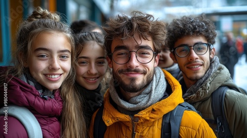 Happy Young Friends Smiling Together in Winter