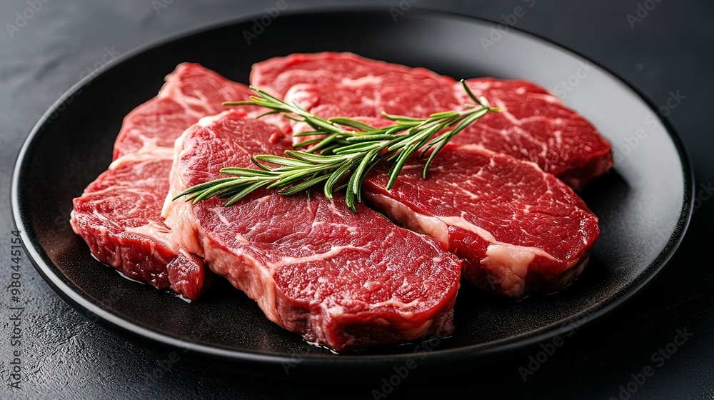 Raw Beef Steaks with Rosemary on Black Plate Raw Beef Steaks with Rosemary on Black Plate