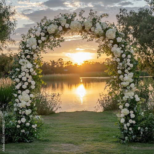 A stunning floral arch at sunset, perfect for weddings or events, set by a serene lakeside landscape.