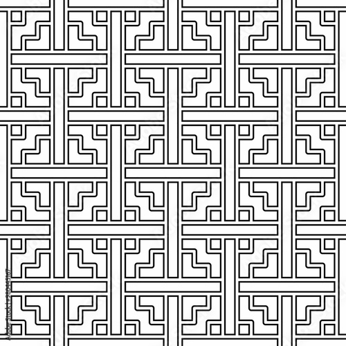 Seamless abstract geometric pattern consisting of interlocking black and white lines arranged symmetrically and regularly. Suitable for graphic design, textiles or decoration.