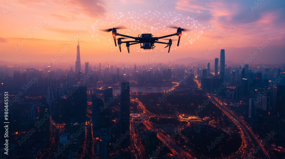 Autonomous drones monitoring an ultra-modern city from above, moving in perfect geometric circles, scanning skyscrapers, bridges, and parks Autonomous drones monitoring an ultra-modern city from above, moving in perfect geometric circles, scanning skyscrapers, bridges, and parks