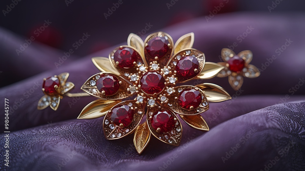 Red Ruby and Diamond Flower Brooch Jewelry on Purple Fabric Red Ruby and Diamond Flower Brooch Jewelry on Purple Fabric