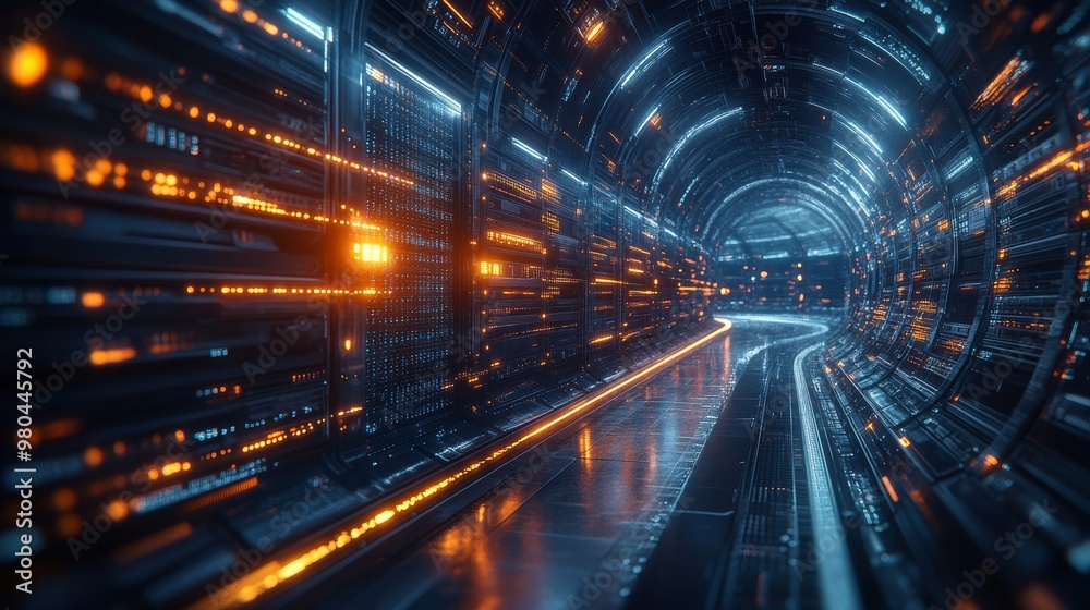 Circular data center with glowing server racks, digital streams represented as beams of light moving through cables, a high-tech, futuristic feel Circular data center with glowing server racks, digital streams represented as beams of light moving through cables, a high-tech, futuristic feel