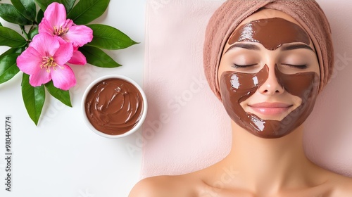 Relaxing skincare routine featuring a woman with a chocolate mask, surrounded by flowers and a bowl of mask for rejuvenation.