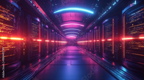 Circular data center with glowing server racks, digital streams represented as beams of light moving through cables, a high-tech, futuristic feel