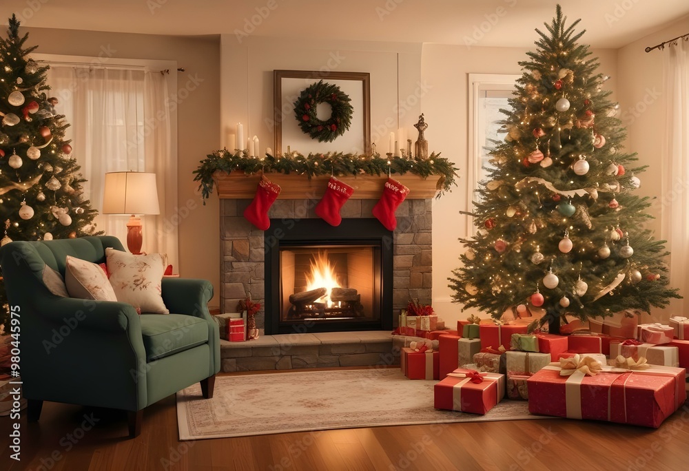 Fototapeta premium A cozy living room with a fireplace, Christmas tree, and presents during the holiday season.