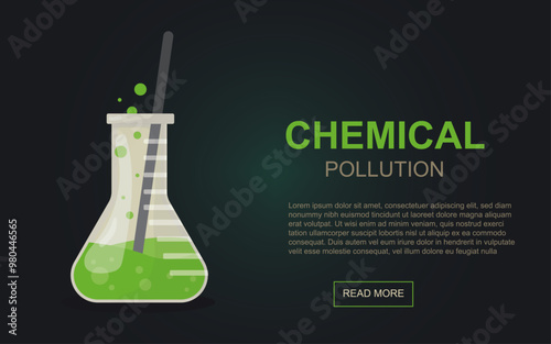 Chemical Pollution Concept with Green Liquid in Laboratory Flask on Dark Background