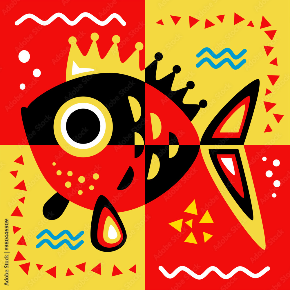 Fototapeta premium Queen fish seamless pattern in yellow red and black