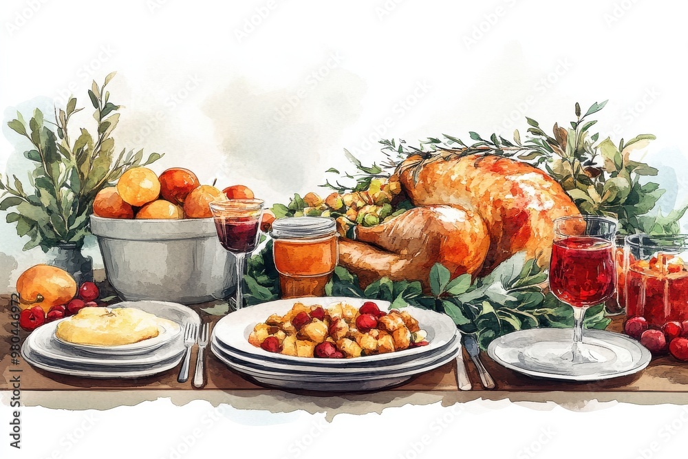 A table with a turkey, a bowl of oranges, and a wine glass