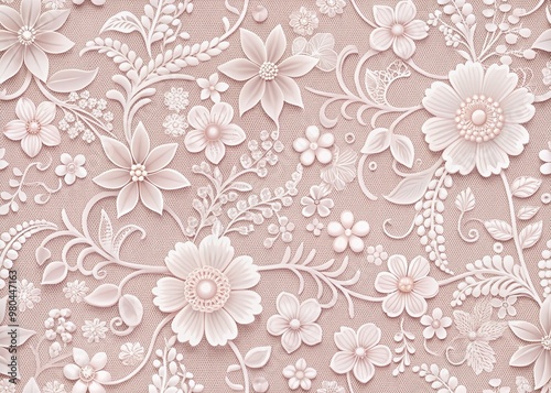 Elegant white lace florals intricately woven on a soft pale pink background, creating a romantic and whimsical texture perfect for feminine designs and stationery.