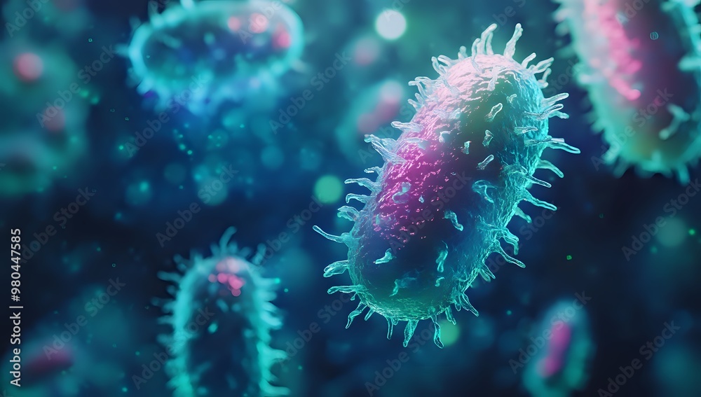 A 3D illustration of a virus or bacteria, with a blurry blue and green background. A 3D illustration of a virus or bacteria, with a blurry blue and green background.