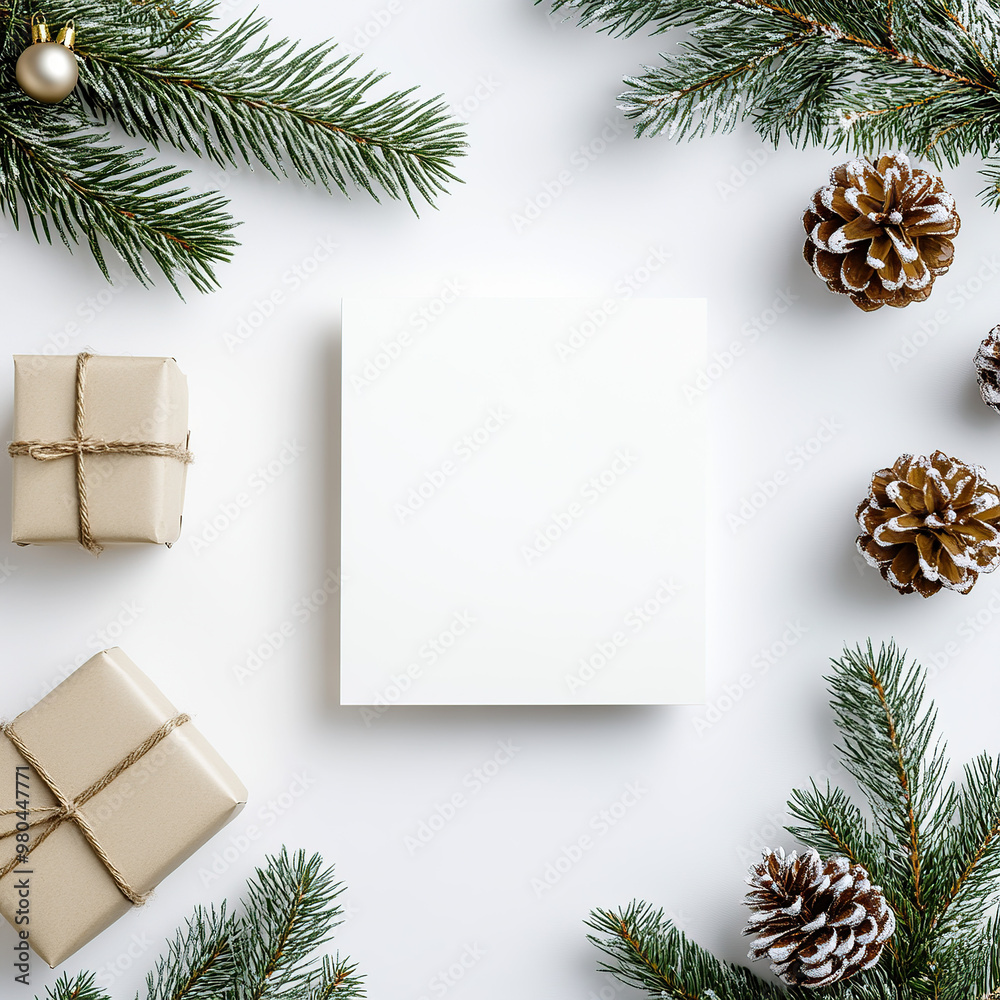 A mockup of an empty square, blank white card, decorated with Christmas decorations and wrapped gifts on the side A mockup of an empty square, blank white card, decorated with Christmas decorations and wrapped gifts on the side