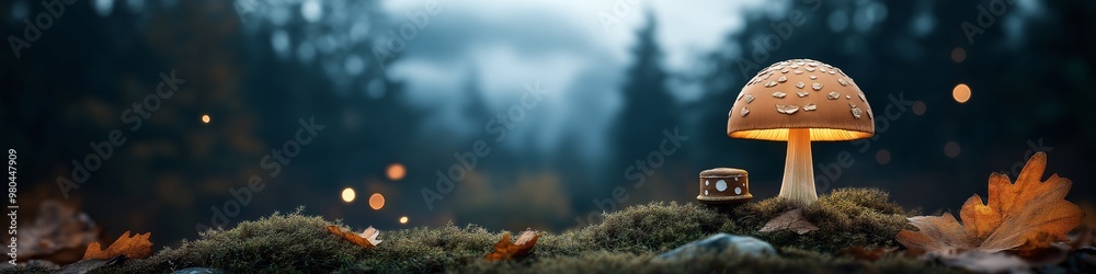 Enchanted Mushroom in the Foggy Forest: A large, luminous mushroom glows softly in the mist, casting a warm light on the surrounding forest floor, with fallen leaves and a small lantern adding Enchanted Mushroom in the Foggy Forest: A large, luminous mushroom glows softly in the mist, casting a warm light on the surrounding forest floor, with fallen leaves and a small lantern adding